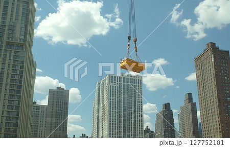 Urban construction scenery featuring crane lifting object above cityscape 127752101