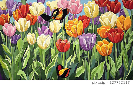 Vibrant tulip garden with whimsical birds in an artistic rendering 127752117
