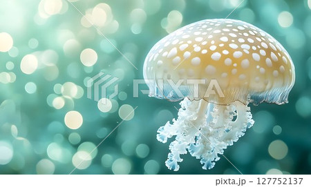 Luminous jellyfish floats serenely amidst sparkling underwater bokeh lights Luminous jellyfish floats serenely amidst sparkling underwater bokeh lights 127752137