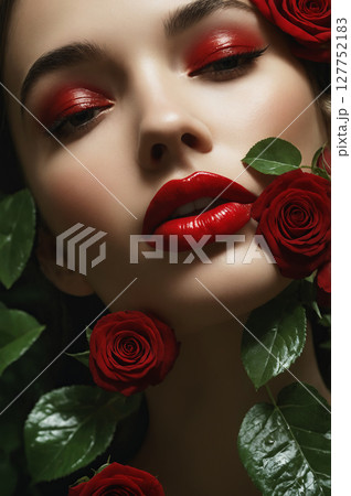 beautiful young woman in rose flowers 127752183