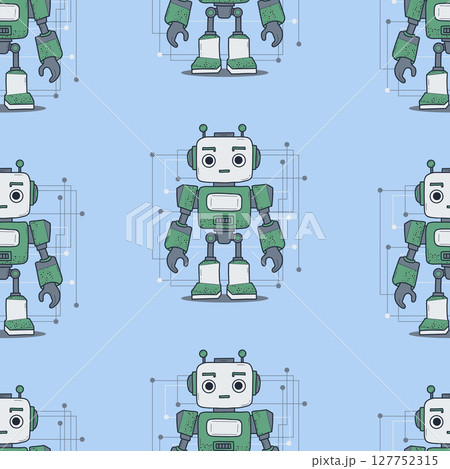 Seamless pattern Cute Futuristic Robot on blue background. Virtual Technology Assistant. Vector illustration. Kids collection. 127752315