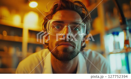 Scientist or researcher wearing safety glasses in a laboratory setting 127752394