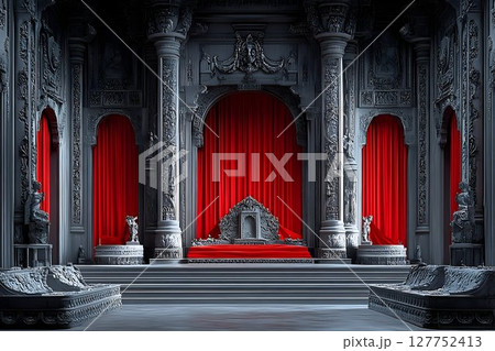 Majestic Throne Room with Red Curtains and Ornate Architectural Details 127752413