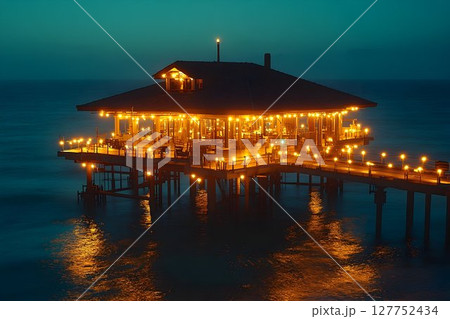 Illuminated oceanfront restaurant on pier at night offers relaxing ambiance Illuminated oceanfront restaurant on pier at night offers relaxing ambiance 127752434