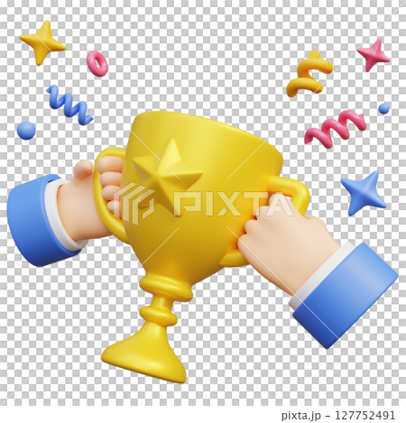 Two hands holding a trophy together 3D graphic Two hands holding a trophy together 3D graphic 127752491