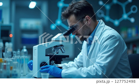 A scientist in a white lab coat and blue protective gloves peers into a microscope in a brightly lit laboratory. 127752498