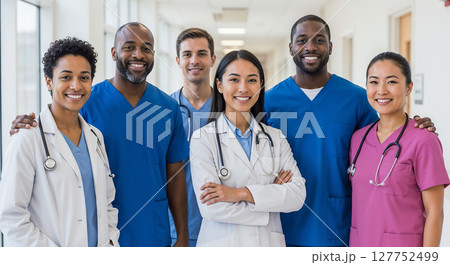 A diverse and confident group of medical professionals stand smiling directly at the camera in a brightly lit hospital corridor. A diverse and confident group of medical professionals stand smiling directly at the camera in a brightly lit hospital corridor. 127752499