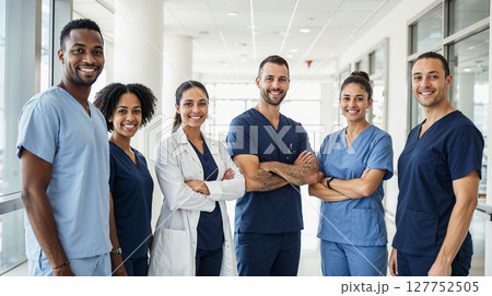 A diverse and confident group of medical professionals stand smiling directly at the camera in a brightly lit hospital corridor. 127752505