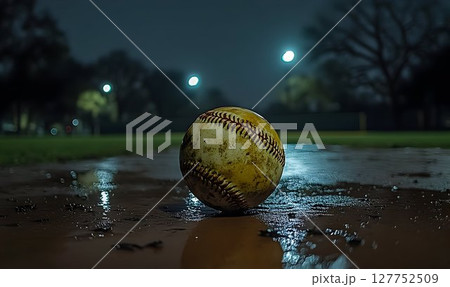 A Weathered Baseball Resting on a Rain-soaked Field at Night 127752509