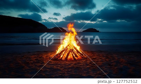 Captivating Beach Bonfire Under a Twilight Sky 127752512