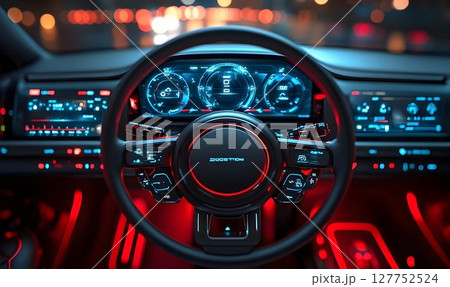 Futuristic car interior with digital dashboard and ambient lighting 127752524