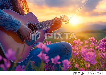 Harmonies in Bloom, Guitar Melody Amidst a Sunset Meadow 127752528