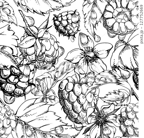 Raspberry ripe garden berries, flowers in water dew drops hand drawn in vector ink. Seamless isolated pattern tile. Home preserves, textile linens wallpaper, food store decor, packaging, scrapbooking 127752669