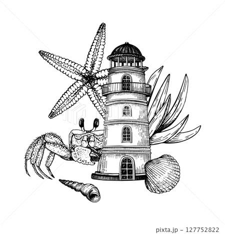 Black and white vector illustration. Seaside composition with a lighthouse, a crab, a starfish, shells, coastal plants. Hand drawn graphic sketch isolated on white. Perfect for maritime design. Black and white vector illustration. Seaside composition with a lighthouse, a crab, a starfish, shells, coastal plants. Hand drawn graphic sketch isolated on white. Perfect for maritime design. 127752822
