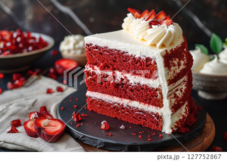 Red velvet cake, classic three layered cake from red butter sponge cakes with cream cheese frosting 127752867