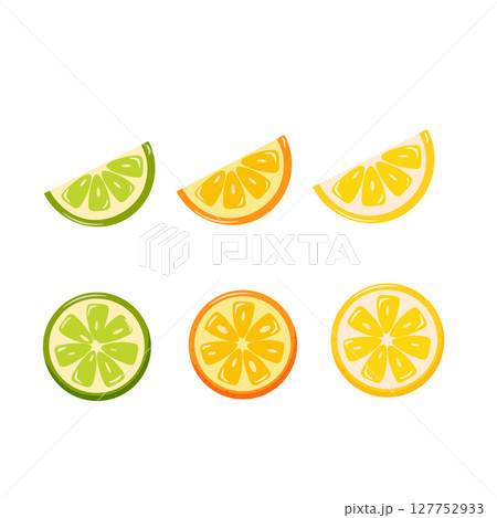 Citrus fruits vector. Vector set of lemon, orange, lime slices, on white background. 127752933