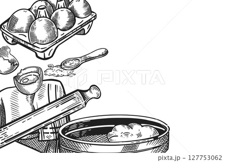 Cooking, baking, dough. A sieve with flour, a rolling pin, a towel, a chicken egg, a cell with eggs, a spoon with sugar. Illustration is suitable for designing recipes, printing on fabric, paper. 127753062