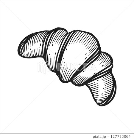 Croissant, sweet bun, French pastry. The illustration is hand-drawn in ink. It is suitable for printing on food packaging, decorating bakeries and confectioneries, printing on fabric, dishes. 127753064