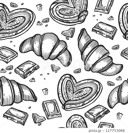 Seamless vector pattern. Fresh pastries and sweets, buns, croissants, chocolate slices. All objects are hand-drawn in vector. For printing on packaging, paper, towels. Seamless vector pattern. Fresh pastries and sweets, buns, croissants, chocolate slices. All objects are hand-drawn in vector. For printing on packaging, paper, towels. 127753066