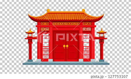 Ancient Chinese temple architecture stands out with its traditional roof on a white background. Ancient Chinese temple architecture stands out with its traditional roof on a white background. 127753107