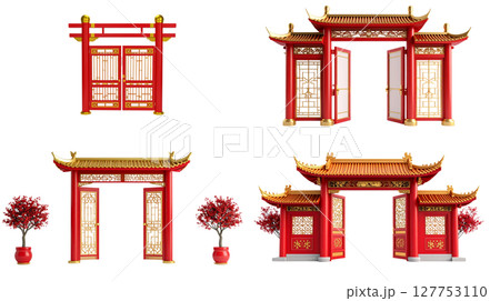 Ancient Chinese temple architecture stands out with its traditional roof on a white background. 127753110