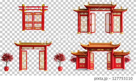 Ancient Chinese temple architecture stands out with its traditional roof on a white background. 127753110