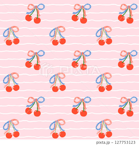 Retro Coquette 4th of July Cherries Bow Seamless Pattern America Girly Star and Stripe Blue white red Ribbon Minimal Wallpaper Isolated on Background Retro Coquette 4th of July Cherries Bow Seamless Pattern America Girly Star and Stripe Blue white red Ribbon Minimal Wallpaper Isolated on Background 127753123