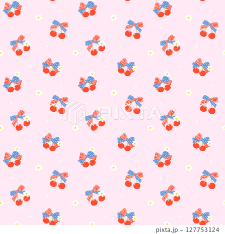 Retro Coquette 4th of July Cherries Bow Seamless Pattern Girly America Red White Blue Minimal Wallpaper Isolated on Background Retro Coquette 4th of July Cherries Bow Seamless Pattern Girly America Red White Blue Minimal Wallpaper Isolated on Background 127753124