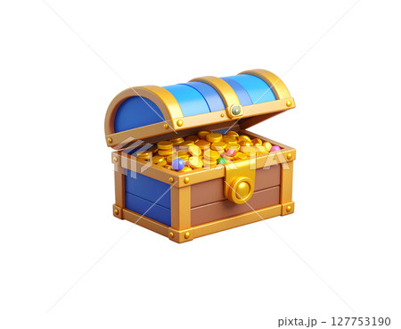Old wooden treasure chest overflowing with gold coins on white background Old wooden treasure chest overflowing with gold coins on white background 127753190