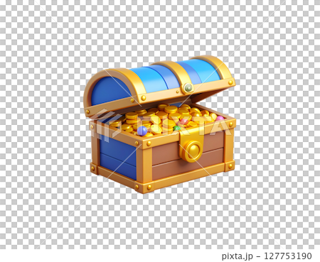 Old wooden treasure chest overflowing with gold coins on white background Old wooden treasure chest overflowing with gold coins on white background 127753190