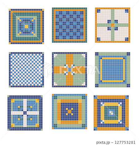 Colorful pixel art mosaic tiles set, vector pixel art, vintage Colorful pixel art mosaic tiles set, vector pixel art, vintage 127753281