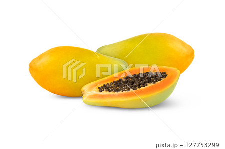 Colorful sweet papayas and a half of ripe papaya fruit with seeds isolated. Colorful sweet papayas and a half of ripe papaya fruit with seeds isolated. 127753299