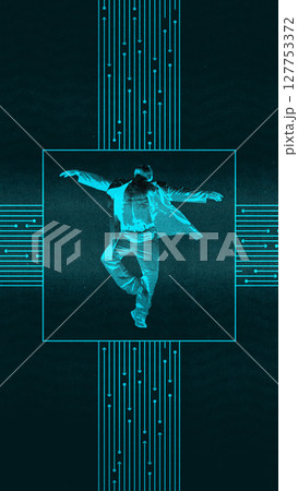 Streetstyle in motion. Dancer in brutalist circuit-themed digital art with glowing blue patterns Streetstyle in motion. Dancer in brutalist circuit-themed digital art with glowing blue patterns 127753372