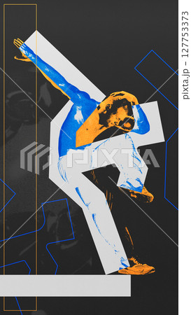Silhouette and shape. Brutalist illustration of dynamic modern dance pose in vibrant blue and orange Silhouette and shape. Brutalist illustration of dynamic modern dance pose in vibrant blue and orange 127753373