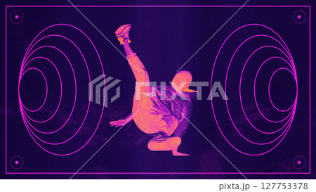 Street energy. Neon brutalist hip-hop dancer in energetic motion with abstract shapes. Graphic design 127753378