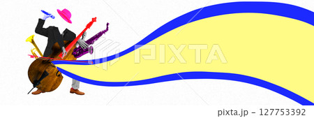 Surreal art design of faceless musician within colorful wave and instruments explosion. Banner, flyer 127753392