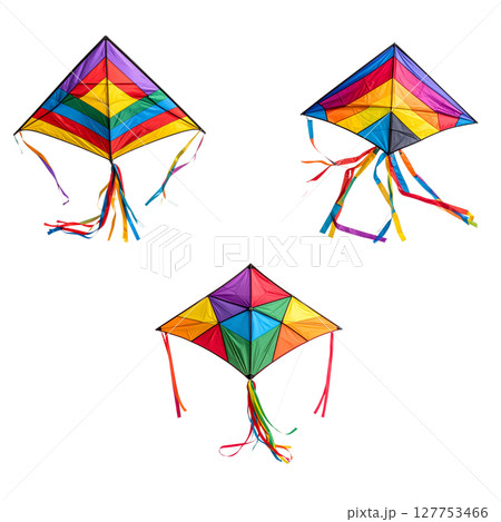 Colorful geometric origami kite flying in blue sky on white background. Colorful geometric origami kite flying in blue sky on white background. 127753466