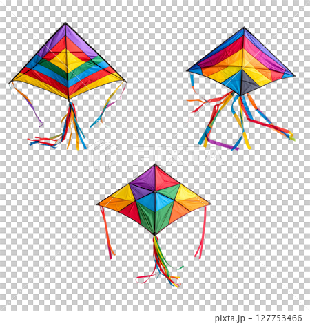 Colorful geometric origami kite flying in blue sky on white background. Colorful geometric origami kite flying in blue sky on white background. 127753466
