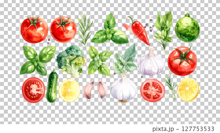 Fresh red tomatoes, organic garlic and bright red bell peppers isolated on white. 127753533