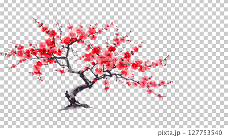 A vibrant red paint splash forms a blossoming cherry tree branch, an artistic fusion of nature and love 127753540