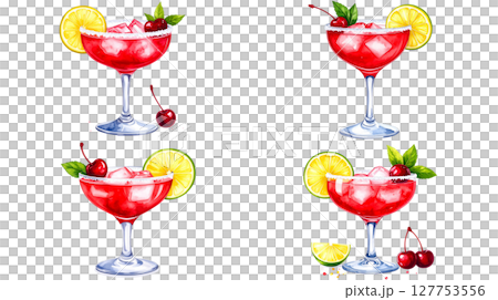 Set of various alcoholic cocktails in glasses with ice, fruits and juices isolated on white background. Set of various alcoholic cocktails in glasses with ice, fruits and juices isolated on white background. 127753556