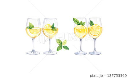 Fresh lemon slices in juice. Healthy organic citrus fruit rich in vitamin C isolated on white background 127753560