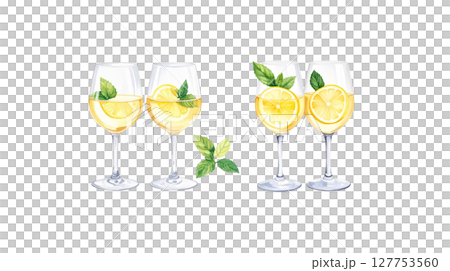 Fresh lemon slices in juice. Healthy organic citrus fruit rich in vitamin C isolated on white background 127753560