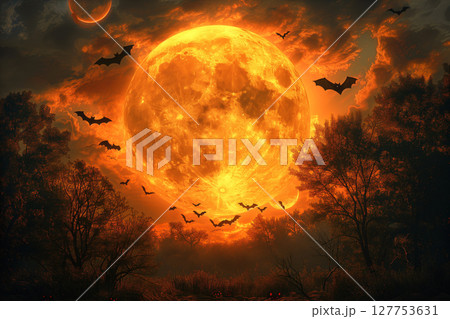 Halloween background with full moon and bats flying in the night sky 127753631