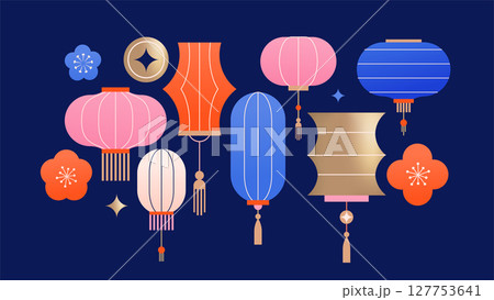 Geometric lanterns, flowers and mooncake for Mid-Autumn Festival Geometric lanterns, flowers and mooncake for Mid-Autumn Festival 127753641
