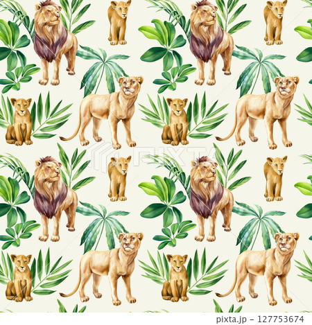 Tropical seamless pattern with watercolor lions lioness cubs and exotic green jungle leaves and plants. Wild animals for decor 127753674