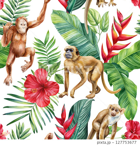 Watercolor seamless jungle pattern with monkeys hibiscus flowers heliconia and tropical green leaves for design. Cute animals Watercolor seamless jungle pattern with monkeys hibiscus flowers heliconia and tropical green leaves for design. Cute animals 127753677