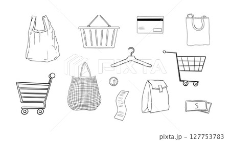 Stylish set of hand-drawn ecommerce and retail elements discount tag, sketchy basket, money, store icon, and coupon. Isolated art for modern market and purchase design. 127753783