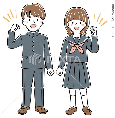 笑顔でガッツポーズをする制服姿の男女の学生のイラスト　全身 127753906