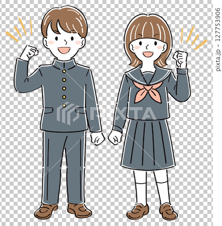 笑顔でガッツポーズをする制服姿の男女の学生のイラスト　全身 127753906